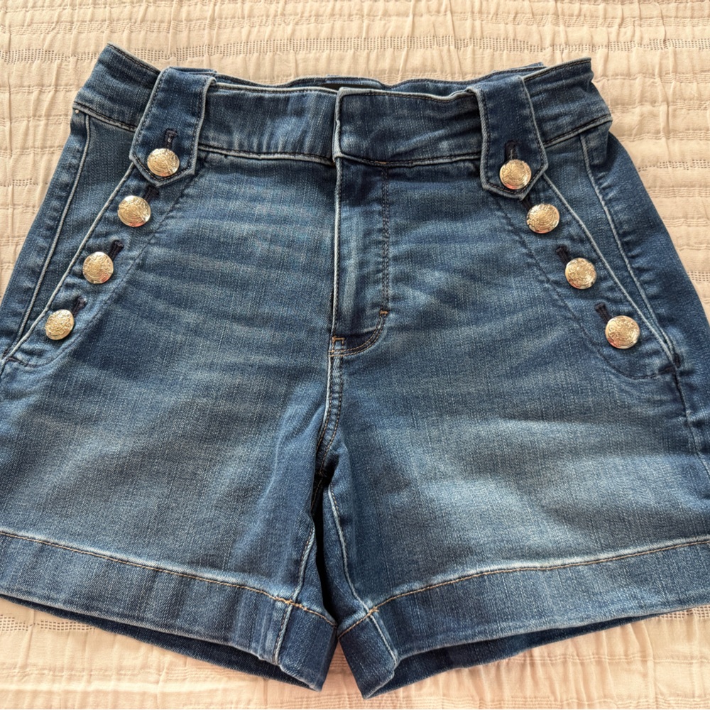 White House Black Market Blue High-Rise Button-Accent Jean Shorts